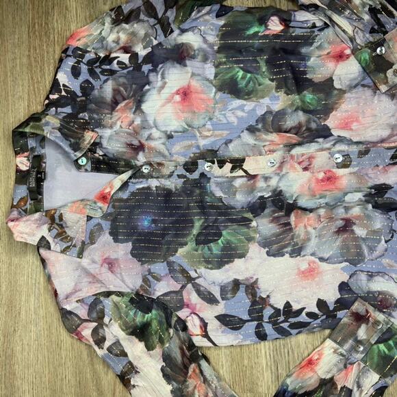 Badgley Mischka Purple Gold Pinstripe Silk Blouse (2) - Picture 8 of 8